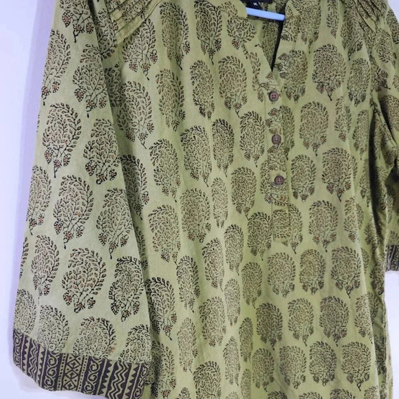 Mantra Boho Tunic Top Women’s Medium Green Block Print 3/4 Sleeve - Picture 4 of 7
